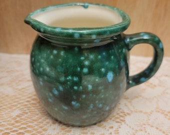 Vintage Studio Pottery Creamer Green Speckled Glaze Handmade Ceramic Pitcher Signed RTC 76