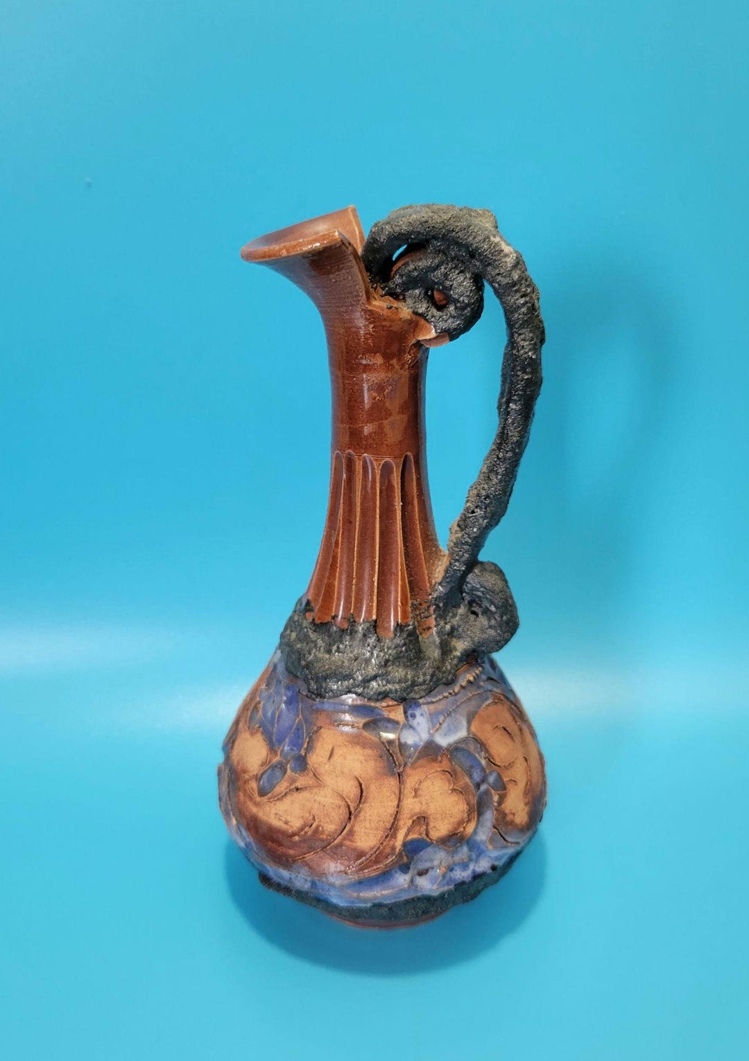 Vintage Studio Pottery Vase – Blue Drip Glaze, Sculptural Handle, Mid ...