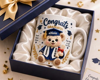 Gepersonaliseerde afstudeermok 2026, aangepaste naam, gefeliciteerd afgestudeerde teddybeermok, klasse van 2026 cadeau