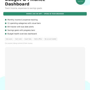 Op de afbeelding: Een wit digitaal product genaamd "Budget & Finance Dashboard" met functies voor het bijhouden van inkomsten, uitgaven en spaardoelen. Het product wordt beschreven als een app en is direct te downloaden.
