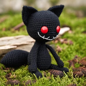May include: A handmade black crochet creature with red button eyes and a stitched white smile. The plush toy has pointed ears and a long tail, sitting on a bed of green moss and pinecones.