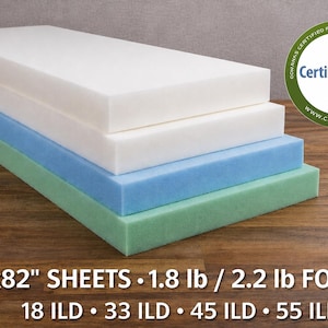 May include: A stack of foam sheets in white, blue, and green. The sheets are labeled as 27" x 82" and 1.8 lb / 2.2 lb. The image also includes the CertiPUR-US logo.