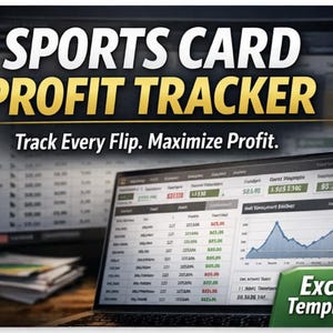 May include: A laptop screen displaying a sports card profit tracker with a graph and data tables. The text "SPORTS CARD PROFIT TRACKER" is at the top, with "Track Every Flip. Maximize Profit." below. An "Excel Template" button is in the lower right.