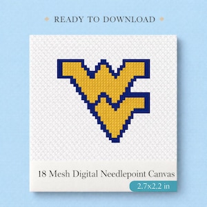 May include: Digital needlepoint canvas featuring the West Virginia University logo in gold and blue. The canvas measures 2.7 x 2.2 inches and is labeled "18 Mesh Digital Needlepoint Canvas." The text "READY TO DOWNLOAD" is at the top.