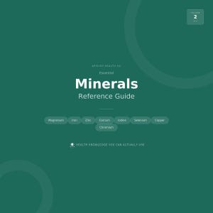 May include: A teal-green reference guide titled "Minerals" by Applied Health Co. The guide lists essential minerals such as magnesium, iron, and zinc. The text "Health knowledge you can actually use" is also present.