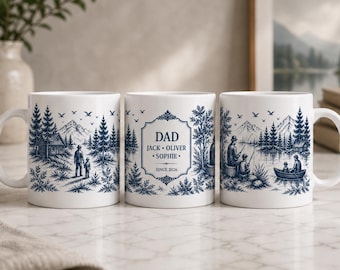 Personalized Dad Mug with Kids Names, Custom Father Gift Mug, Toile Inspired Blue White Coffee Cup, Fathers Day Gift, Family Keepsake Gift