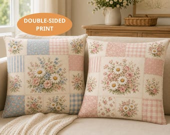 PRINT Patchwork Floral Throw Pillow, Flower Cottagecore Pillow, Farmhouse Autumn Decor, Thanksgiving Cushion, Pumpkin Fall Pillow Sofa Decor
