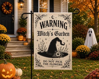 Halloween Witch Garden Flag, Witch Garden Flag, Warning Witch's Garden Flag, Gothic Cottagecore Outdoor Decor, Vintage Witch Hat Yard Flag