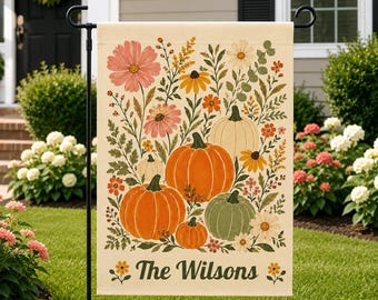 Personalized Vintage Floral Pumpkin Garden Flag, Custom Family Name Fall Flag, Autumn Porch Decor, Thanksgiving Cottagecore Yard Decor,