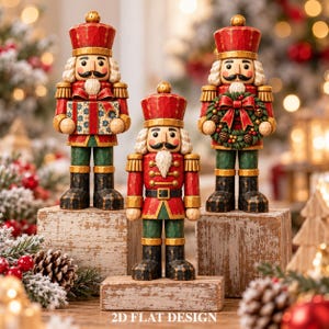 May include: Three nutcracker figurines with red, green, and gold uniforms and black boots. One holds a gift, one holds a wreath, and one stands empty-handed. Each wears a tall hat with a gold finial. The text 2D FLAT DESIGN is at the bottom.
