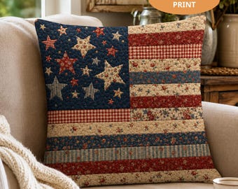 PRINT Patchwork American Flag Pillow, Vintage Patriotic America 250 Years Cushion, Americana Farmhouse Sofa Decor, Rustic USA Throw Pillow