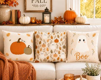 Vintage Floral Halloween Pillow Set, Neutral Fall Pillow, Cute Ghost Pumpkin Pillows, Farmhouse Autumn Decor, Cute Spooky Season Cushions