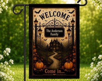Personalized Halloween Garden Flag, Halloween Welcome Flag, Custom Family Name Garden Flag, Gothic Fall Yard Decor, Pumpkin Porch Flag Gift