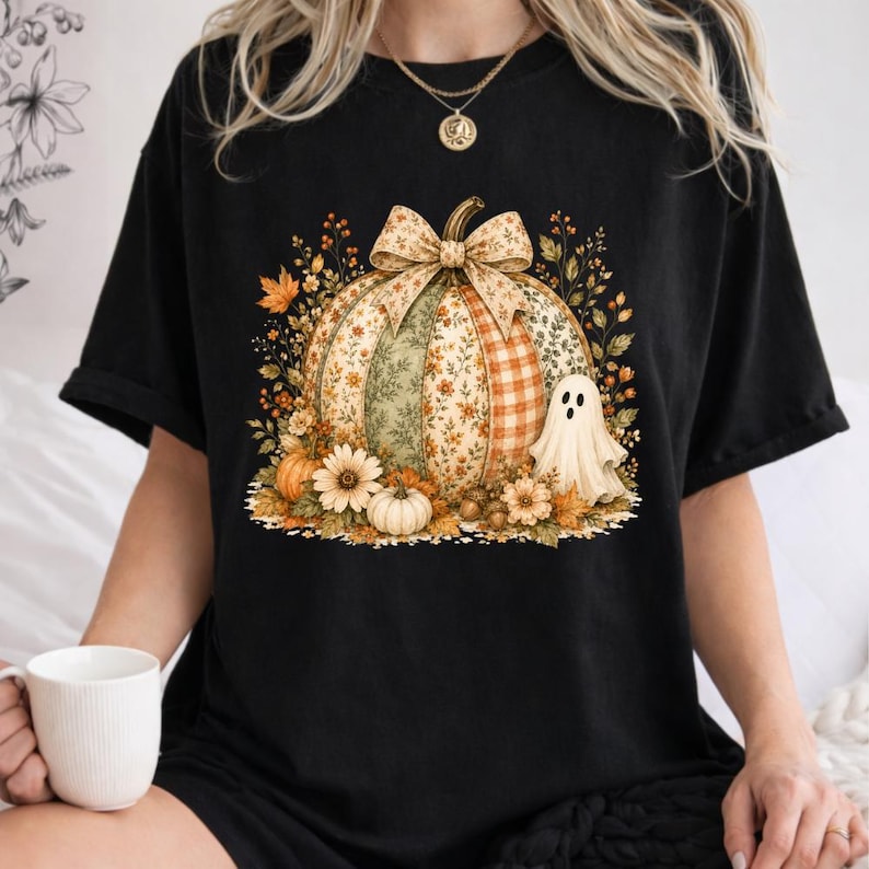 Sweat-shirt citrouille fantôme imprimé, t-shirt Halloween coquette, chemise citrouille à fleurs, t-shirt automne fantôme mignon, pull à capuche Halloween image 4