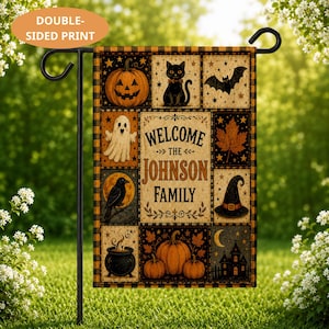 PRINT Patchwork Halloween Garden Flag, Personalized Halloween Flag, Custom Family Name Flag, Black Cat Pumpkin Ghost Yard Flag, Fall Decor