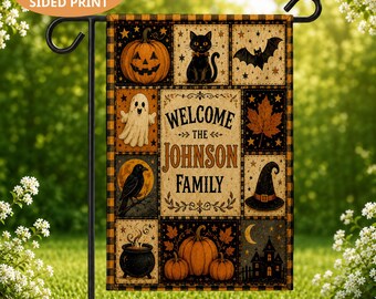 PRINT Patchwork Halloween Garden Flag, Personalized Halloween Flag, Custom Family Name Flag, Black Cat Pumpkin Ghost Yard Flag, Fall Decor
