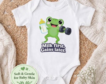 Funny Frog Baby Onesie, Milk First Gains Later Gym Bodysuit
