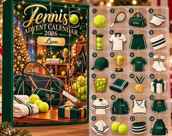 Calendario de Adviento de Tenis Personalizado, Regalo con Nombre Personalizado para Él, Regalo para Amantes del Tenis, Regalo de Navidad, Calendario de Adviento Navideño de Tenis