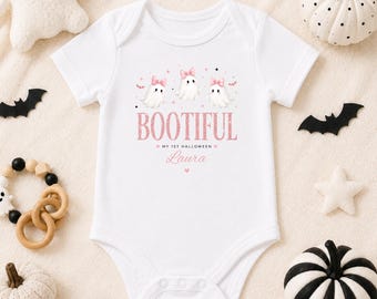 Personalized My First Halloween Baby Onesie, Bootiful Ghost Baby Girl Bodysuit, Custom Name Halloween Outfit, Pink Coquette Baby Shower Gift