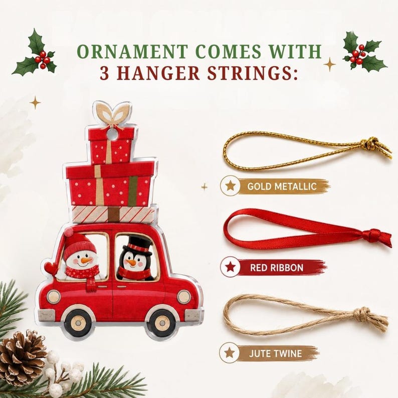 May include: A Christmas ornament shaped like a red car carrying gifts, featuring a snowman and a penguin. Text reads: ORNAMENT COMES WITH 3 HANGER STRINGS: GOLD METALLIC, RED RIBBON, and JUTE TWINE. Includes images of these three hanging strings.