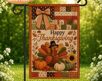 PRINT Patchwork Thanksgiving Garden Flag, Thanksgiving Flag, Turkey Garden Flag, Farmhouse Fall Garden Flag, Autumn Pumpkin Porch Decor Gift