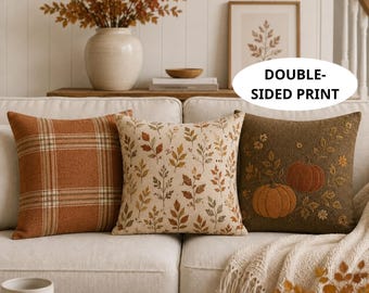 PRINT Fall Pillow Set, Neutral Autumn Throw Pillow, Rustic Farmhouse Couch Cushions, Pumpkin Plaid Botanical Pillow, Thanksgiving Home Decor