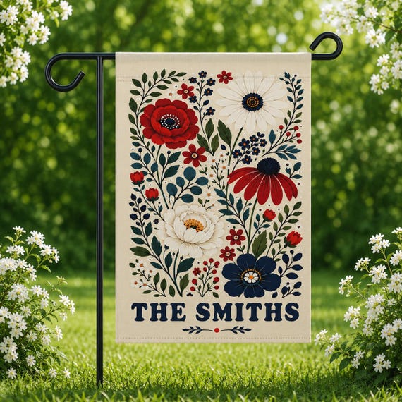 Personalized Floral Garden Flag, Custom Family Name Yard Banner, Patriotic Wildflower Outdoor Decor