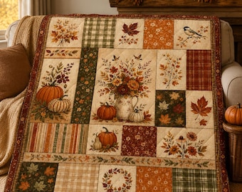 Couverture courtepointe patchwork imprimée, jeté fleuri citrouille d'automne, décoration automnale de style ferme