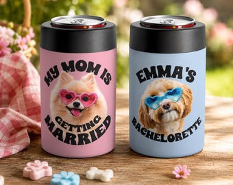 Custom Dog Photo Bachelorette Can Cooler, Personalized Bridesmaid Can Cooler, Beach Bachelorette Party Favor, Dog Mom Bach Gift with Name
