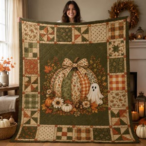 Halloween Quilt Blanket, Ghost Pumpkin Blanket, Vintage Autumn Blanket, Farmhouse Fall Bedding, Cozy Halloween Decor, Rustic Patchwork Throw