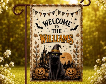 Personalized Halloween Dog Garden Flag, Custom Cat Photo Halloween Flag, Custom Family Name Garden Flag, Pumpkin Halloween Porch Decor Gift