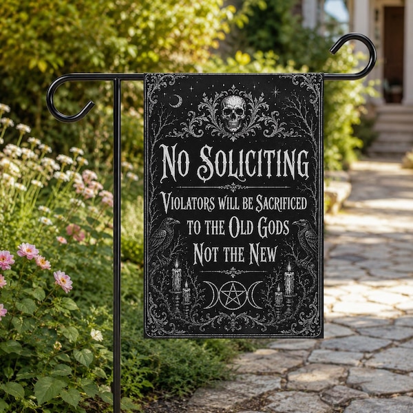 Gothic Raven Skull Garden Flag, Witchy Halloween Decor, No Soliciting Violators Sacrificed