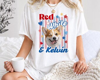 Custom Dog Photo Shirt, Personalized Pet Portrait T-Shirt, Red White Dog Independence Day Tee, 4th of July Dog Lover Gift, Dog Name Shirt