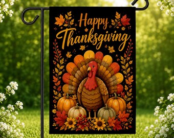 Thanksgiving Garden Flag, Happy Thanksgiving Flag, Turkey Garden Flag, Pumpkin Fall Porch Decor, Autumn Outdoor Flag, Farmhouse Yard Decor