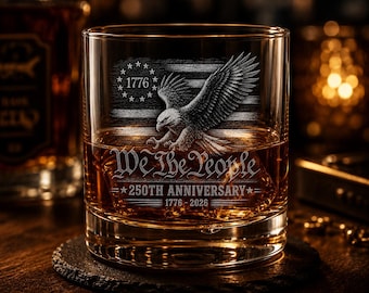 America We The People Whiskey Glass, 250th Anniversary Printed Glass, 250 Years US Flag Patriotic Bourbon Glass, 1776 2026 Rocks Glass Gift