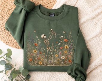 Skeleton Cat Shirt, Floral Skeleton Sweatshirt, Cat Mom Halloween Sweater, Botanical Skeleton Crewneck, Cottagecore Fall Hoodie, Spooky Cat