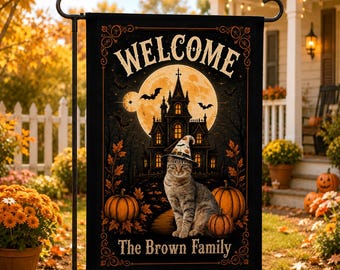 Personalized Halloween Cat Garden Flag, Custom Family Name Welcome Flag, Black Cat House Flag, Spooky Fall Outdoor Decor, Double Sided Flag