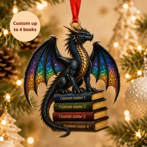 Personalized Dragon Book Stack Acrylic Ornament, Custom Book Name Fantasy Ornament, Dragon Lover Gift, Book Lover Christmas Ornament