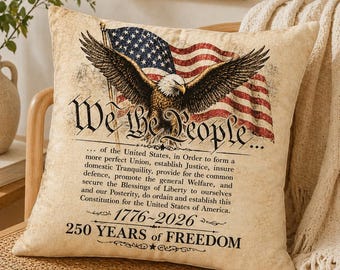 Vintage We The People Throw Pillow, American Flag with Bald Eagle Throw Pillow Cover, Home Decor, 250 Years of Freedom Patriotic Sofa Decor