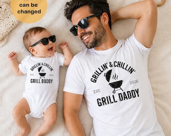 Chemise bébé papa assortie au grill, ensemble papa grill grill, tenue papa fils personnalisée, chemise barbecue de l'année de l'Est avec noms personnalisés