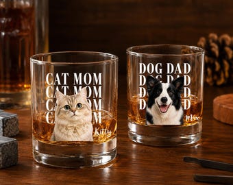 Personalized Pet Portrait Whiskey Glass, Custom Dog Dad Glass, Custom Cat Mom Glass, Pet Photo Rocks Glass, Dog Lover Gift, Cat Lover Gift