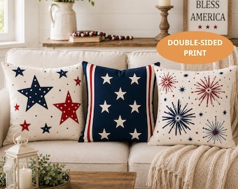 PRINT Patriotic Star Throw Pillow Set, 4th of July Pillow, Americana Farmhouse Cushion, America Star Sofa Pillow Independence Day Home Decor