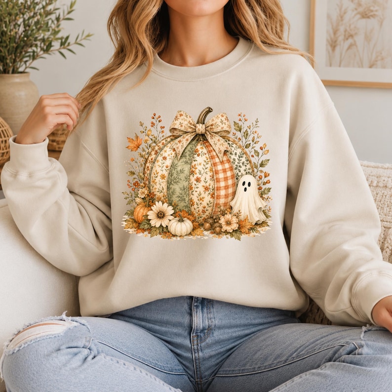 Sweat-shirt citrouille fantôme imprimé, t-shirt Halloween coquette, chemise citrouille à fleurs, t-shirt automne fantôme mignon, pull à capuche Halloween image 3