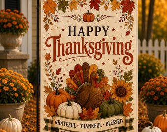 Happy Thanksgiving Garden Flag, Thanksgiving Outdoor Decor, Turkey Pumpkin Fall Flag, Harvest Porch Flag Autumn Yard Decoration Holiday Gift