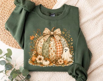 Printed Patchwork Pumpkin Ghost Sweatshirt, Coquette Halloween Tee, Floral Pumpkin Shirt, Cute Ghost Fall T-Shirt, Halloween Sweater Hoodie