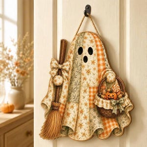 May include: A decorative wall hanging shaped like a ghost, featuring a patchwork pattern of orange and cream floral and gingham fabrics. The ghost holds a wooden broom and a woven basket filled with small pumpkins and candies, tied with bows.