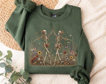 Vintage Floral Skeleton Dancing Sweatshirt, Wildflower Skeleton Tee, Botanical Halloween Shirt, Cottagecore Hoodie, Spooky Season Gift