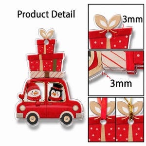 May include: A flat Christmas ornament shaped like a red car carrying stacked gift boxes on its roof. Inside the car are a snowman and a penguin. The ornament is 3mm thick and features a hole for hanging. The design includes red, white, and black colours.
