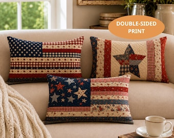 PRINT Patchwork American Flag Lumar Pillow, Vintage Patriotic America 250 Years Cushion, Americana Farmhouse Decor, Rustic USA Throw Pillow