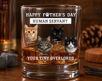 Personalized Cat Dad Rocks Glass, Happy Fathers Day Human Servant Whiskey Glass, Custom Cats Names, Funny Fathers Day Gift, Cat Dad Barware